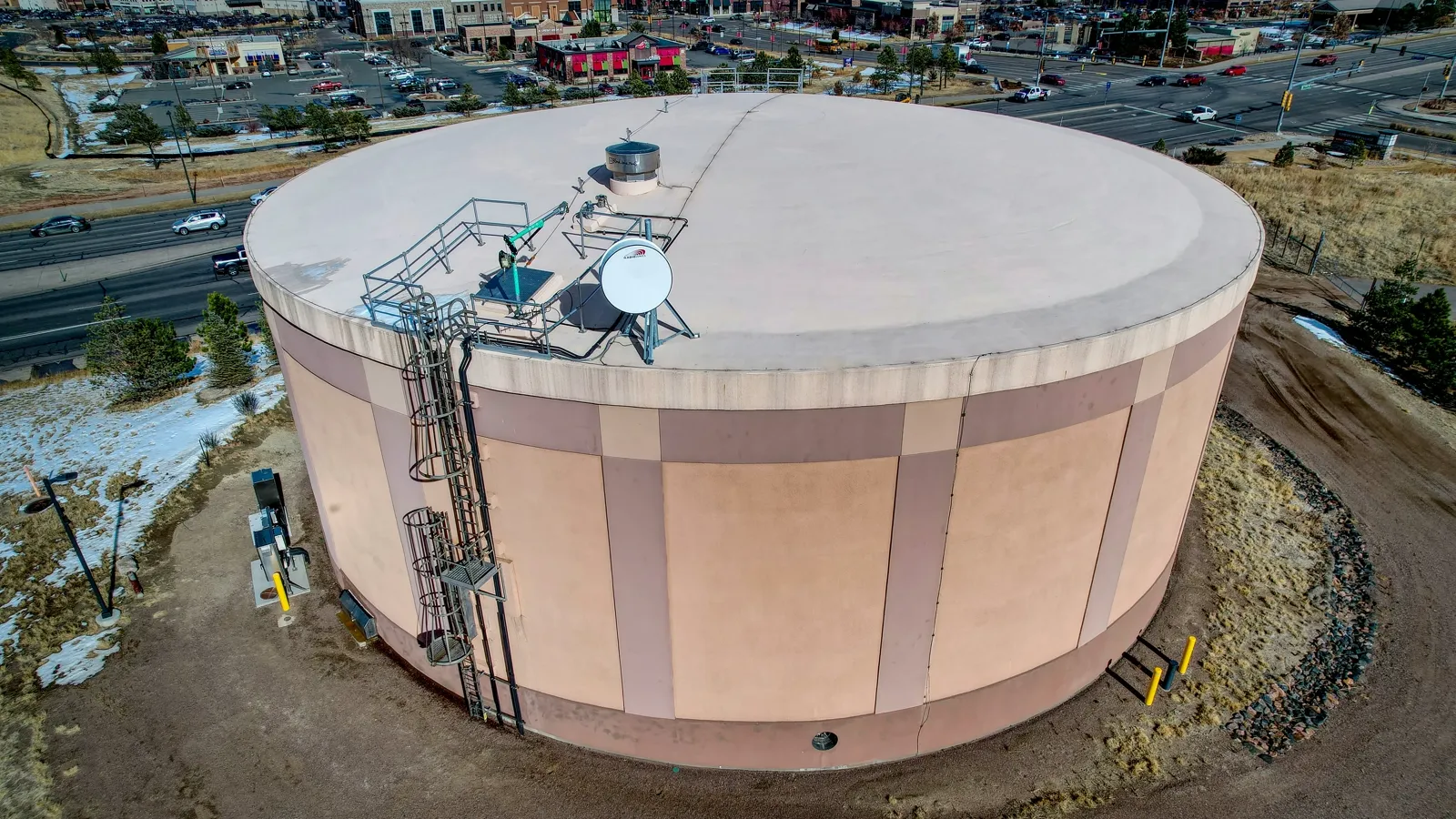 Aerial view of a large water storage tank
